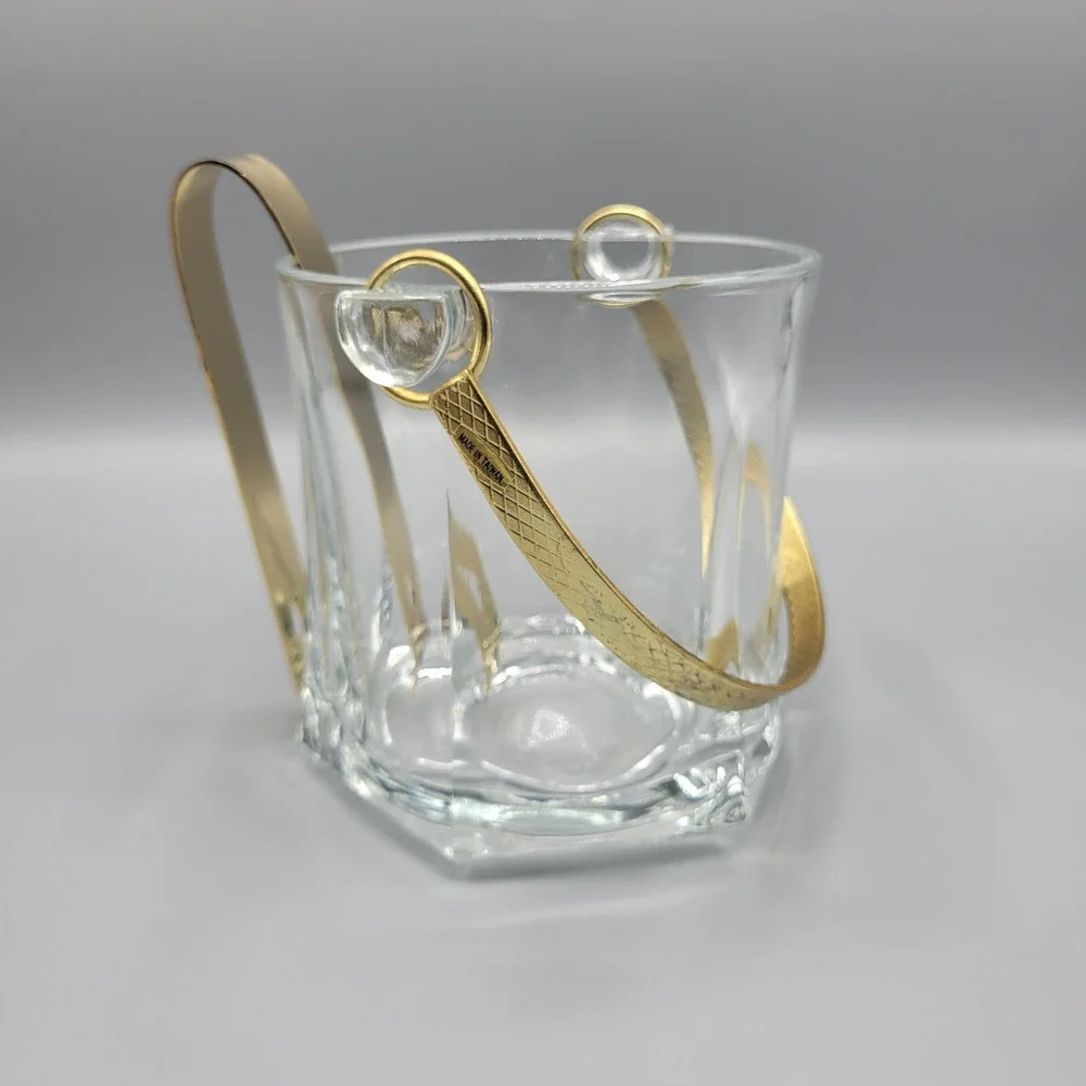 Vintage Shiah Yih Heavy Clear Glass Ice Bucket Gold Tone Tongs and Handle Taiwan